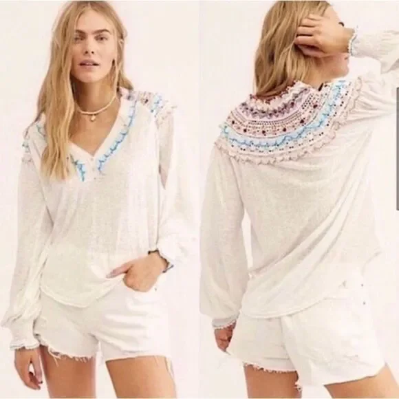 Free People - White Siesta Fiesta Colorful Embroidered Crochet V Neck Top Size S - Picture 10 of 13
